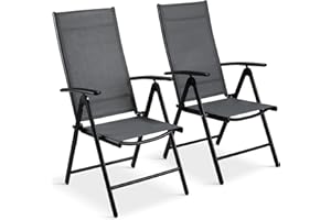 LIFERUN Krzesło ogrodowe z wysokim oparciem, składane, aluminiowe, balkonowe, zestaw 2 sztuk, krzesła ogrodowe, z wysokim oparciem, regulowane 7-stopniowe, do użytku na zewnątrz, odporne na warunki