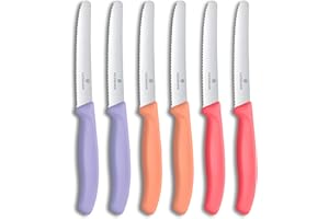 Victorinox Swiss Classic, couteau à petit-déjeuner, ensemble de couteaux à pain, 6 pièces, lame tranchante, bord dentelé, 11 cm, acier inoxydable, Violet, Orange et Rose