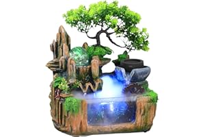 KinHall Zimmerbrunnen mit Nebel LED Beleuchtung, Tischbrunnen Zimmerbrunnen GartenAquariumHarz Desktop-Brunnen mit Pflanzen Zimmerspringbrunnen Wasserfall (G-2013)