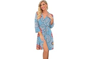 PrinStory Bathrobe for Women, Lightweight 3/4-Length Sleeve Dressing Gown, Kimono Robes, Short Sleepwear
