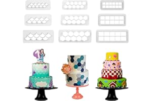 LYLQMY 9 moldes para tartas, cortadores de fondant, cortadores geométricos para decoración de cupcakes de cumpleaños, cortadores de galletas cuadrados y hexagonales, cortadores de fondant de escamas de