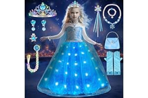 COYBTO Robe Princesse Fille, LED Deguisement Princesse avec Perruque Lumineuse Couronne Ensemble, Déguisement Princesses, Robe de Princesses pour Carnaval Cosplay