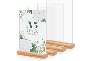 CIOXSOIO 4 Pezzi Espositore Plexiglass A5, Legno T forma Porta Cartelli in Acrilico Porta Fogli Cornice Plexiglass Trasparente Porta Menu Da Tavolo con Base in Legno Per Ristorante, Caffetterie, Ufficio, Foto