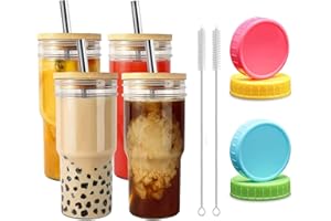 MUJUZE Zestaw 4 kubków do herbaty bąbelkowej, 650 ml, z pokrywką z bambusa i tworzywa sztucznego, ze słomką, kubki Boba do smoothie Boba do soków, smoothie