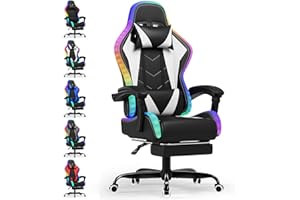 Devoko Sedia da Gaming con Massaggiante Schienale Regolabile 90-135°, Sedia Gaming con LED e Poggiapiedi Telescopico,Poltrona Gaming Ergonomica Portata 150 kg (Bianca)