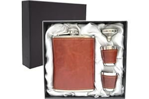 UMBERDOM Hip Flask Set with Funnel and Shot Glasses, 8 oz Alcohol Flask Stainless Steel + PU Leather Whiskey Flask, Leak Proof Pocket Hip Flask for Liquor for Men, Brown