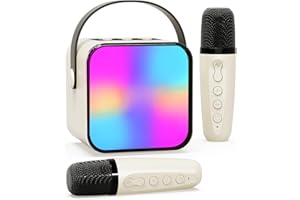 Beedove Karaoke Maschine mit 2 Drahtlosen Mikrofonen, Lautsprecher für Kinder mit LED-Lichter & Stimme Wechselnde Effekte, Tragbares Bluetooth Karaoke Spielzeug (Beige)