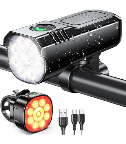 Set Di Luci Per Bici TIORU Potente USB Ricaricabile 8 LED 1500 Lumen 10000mAh, Faro Anteriore E Posteriore Impermeabile IPX5, Autonomia Fino A 21 Ore