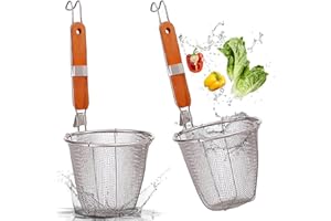 NC Sitko do makaronu Dumpling sitko do makaronu ze stali nierdzewnej, kosz na makaron, 2 sztuki, wielofunkcyjny, kosz do serwowania, sitko kuchenne, sitko kuchenne z drewnianym uchwytem, łyżka cedzakowa