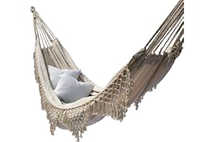 CLARA SHADE SAILS Clara Canvas Hammock Brazilian Tassels with Fringe Crochet White Cream Cotton Linen Double EXTRA-LARGE Outdoor Indoor Garden (Ivory)