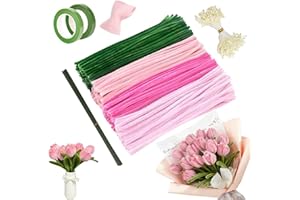 LIXSTYEA 570pcs Pipe Cleaner Flower DIY Craft Kit - Pipe Cleaners with Pink Green Colors, Pipes Cleaner for Craft Flowers and Cleaning, Pipes Cleaners with Stamens Stems Florist Tape, Pink Tulip 0.8cm