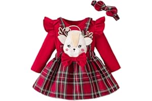 UUAISSO Vestiti di Natale per Neonata Tutina a Maniche Lunghe con Bretelle e Gonna Scozzese Set Vestito per Neonata
