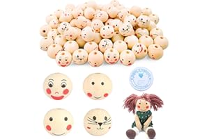 UIRHEURD Holzkugeln mit Loch 80 Stück,4 Stile Holzperlen mit Gesicht 20mm Holzperlen Natur Rund Holzperlen zum Auffädeln mit 5mm Loch Mit klarem Perlenseil für dekorative Bastelarbeiten, DIY-Schmuck, Armband