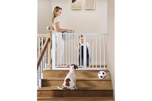 COMOMY 75-117cm Barrera Seguridad Niños Escaleras, Puerta para Perros Bebes de Cierre Automático con Señal Roja/Verde, Extra Ancho Valla Seguridad Infantil sin Agujeros (76cm H, Blanco)