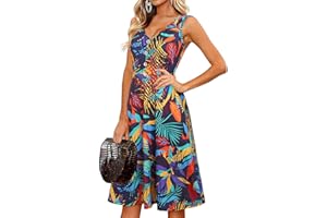 II ININ Women's Summer V Neck Sleeveless Casual Button Down Tank Dress Midi Floral Beach Party Sundress with Pockets