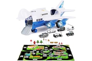 ORTCI Veluoess Transport Cargo Airplane Car Toy Set, Transport Airplane Toy with 6 Mini Police Cars and Scene Play Mat Children Early Educational Toy with Sound and Light Best Gift for Kids 3+
