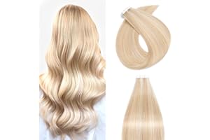 Silk-co 22in Tape in Hair Extensions Real Human Hair Extension 20 Pcs Highlighted #18P613 Ash Blonde&Bleach Blonde Skin Weft Seamless Straight