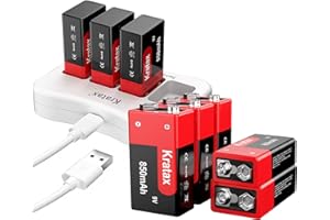 Kratax 9V Rechargeable Li-ion Battery -850mAh,8-Pack PP3 9 Volt Block Batteries with Charger,High Performance 6f22 Square for Smoke Detectors, Remote Control Car[8batteries+1Charger]