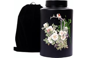 BOBODE Cremation Memorial Urn Large Black Decorative Urn Bamboo Funeral Human Ashes Urn,Adult Burial Urn for Adult Male-Female Ashes, Cemetery Burial or Niche with Black Velvet Bag