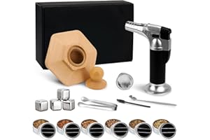 LEEGOHI Kit de Fumeur de Cocktail avec Torche, Fumeur de Boissons avec 6 Saveurs de copeaux de Bois, 4 Pierre Whisky, kit de Fumeur de Whisky pour Infuser des Cocktails (sans Butane)