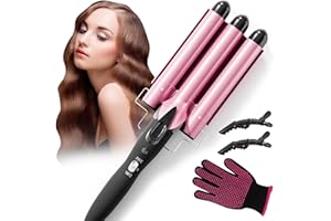 Bizcasa 3 Tubi Piastra Onde Ferro Arricciacapelli,22MM Piastra arriccia Capelli Onde Beach Waves Ferro Arricciacapelli Ceramica Capelli,Temperatura Regolabile,Con 2 Clip e un guanto (rosa)