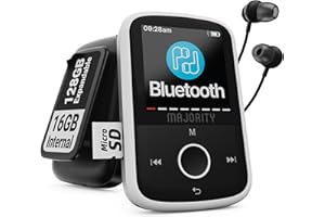 Bluetooth MP3 Music Player with Sports Clip | Included Wired Earphones | 16GB Internal Memory, Expandable by 128GB | HD Colour Screen, 34 Hours Battery Life | SD and USB-C | MAJORITY MP3 GO Player