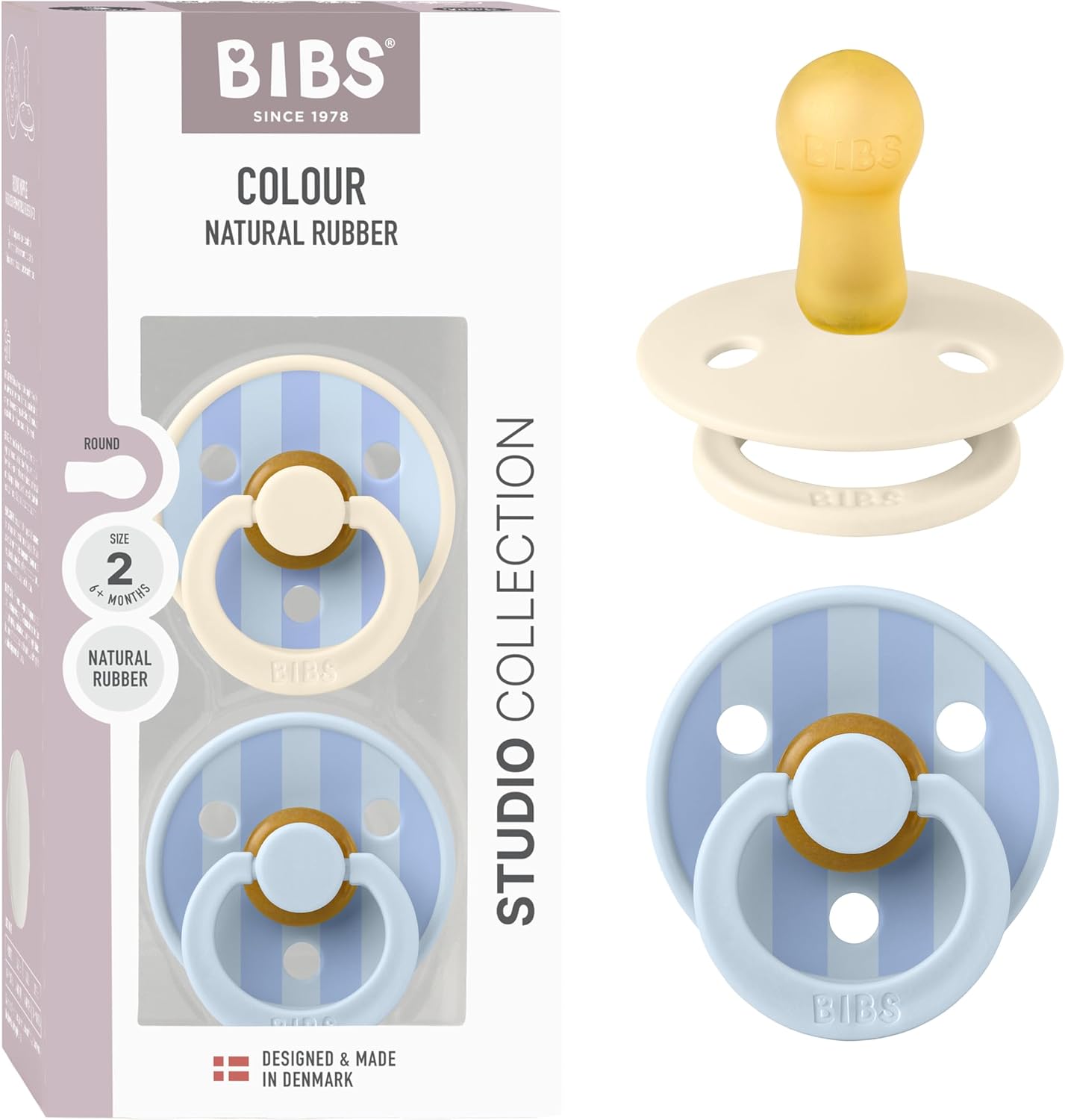 BIBS Colour Studio Paquete de 2 chupetes. Libre de BPA, Tetina redonda. Látex natural, Hecho en Dinamarca, 6-18 meses (Paquete de 2), Block Baby Blue/Dusty Blue