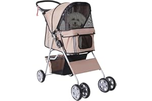 PawHut Poussette buggy pliable animaux chariot pliante chien chat porte-gobelet panier de rangement inclus roues avec frein tissu 600D Oxford acier 75 x 45 x 97 cm marron