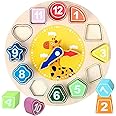Smoneo Wooden Shape Color Sorting Clock Teaching Time Number Blocks Stacking Sorter Simple Patterns Puzzle Montessori Early Learning Educational Toy Gift for 3 Year Old Toddler Baby Kids