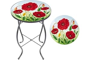 MUMTOP Outdoor Side Table - Small Mosaic Patio Tables, 14” Round Accent End Coffee Glass Plant Stand for Garden Living Room(Poppy)