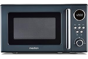 MEDION Retro Mikrowelle klein (20 Liter, ca. 800 Watt, 5 Mikrowellenstufen, 8 Automatikprogramme, Digitale Anzeige, Auftaufunktion, kompakt, MD15000) grau