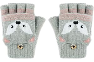 JIAHG Kinder Halbfinger Handschuhe Fingerlose Fäustlinge Mädchen Winter Cartoon Fingerhandschuhe Strickhandschuhe Thermohandschuhe mit Klappe