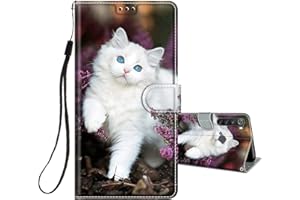 HopMore Funda para Xiaomi Redmi Note 8 Cuero con Tapa Silicona Dibujo Bonita Carcasa Billetera Resistente Estilo Libro Case para Mujeres Niñas Ranuras Tarjetas Cover 360 Grados - Gato Blanco