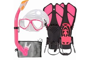 HH HHAO SPORT Set da Snorkeling per Bambini con Pinne, Vista Panoramica a 180° Occhialini Antiappannamento, Pinne da Nuoto Regolabili, Snorkel, Borsa in Rete ad Asciugatura Rapida