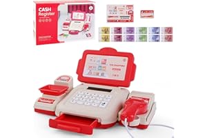 PLUSHCEWT Toy Cash Register for Kids, Toy Till with Scanner Calculator Weigh Pop-up Drawer and Pretend Money Set Educational Shopping Till Role Play Toy for Toddlers Boys and Girls Ages 3-5 (red)