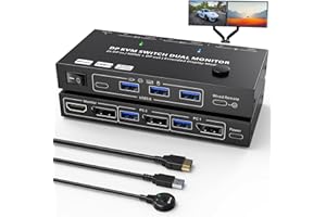 CAMGEET Przełącznik KVM USB 3.0 Displayport 2 komputery 2 monitory 8K@30hz 4K@144Hz, przełącznik KVM z dwoma monitorami MST, Z 4 portami USB 3.0, przewodowym pilotem i kablami Displayport 1.4 w zestawie