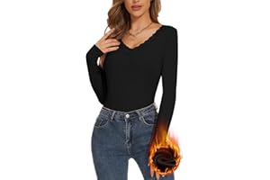 SERSARY Camiseta Termica Mujer Manga Larga Camisetas Mangas Encaje Cuello En V Abotonado con Camiseta Monocolor Interior Básica De Manga Larga Blusa Térmicas para Inviernomujer