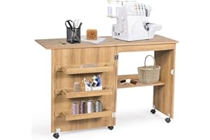 RELAX4LIFE Mobiletto per Macchina da Cucire Pieghevole su Ruote Bloccabili, Tavolo da Cucito in Legno con Ripiani Portaoggetti, Tavolino Cucito Multiuso da Studio e Salotto, 117,5x 40x 77cm (Naturale)