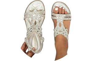 GENERIC Sandalen Damen Sommer Elegant Flache Strass Böhmischer T-Riemen Frauen Sandalen Weichen Sohlen Sommerschuhe Glitzer Flip Flops Gummiband Slingback Sandalen Mädchen Strandschuhe