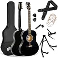 3rd Avenue Pack Guitare Acoustique 4/4 Taille Standard pour Débutants, Housse, Médiators, Jeu de Cordes de Rechange, Stand, Sangle, Capodastre – Noir