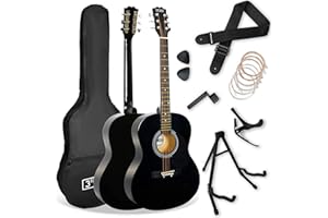 3rd Avenue Pacchetto con chitarra acustica 3rd Avenue di dimensioni standard 4/4 livello beginner, custodia da trasporto, plettri e corde di riserva, stand, tracolla, capotasto– Nero
