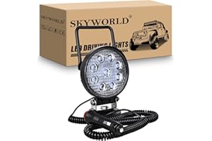 SKYWORLD Portable Magnetic Base Round LED Work Light 4 inch 27W Flood Beam 12V 24V Offroad Driving Fog Lamp for Car Off road Truck 4x4 SUV ATV Tractors Excavator, 6000K White, Led Search Lights