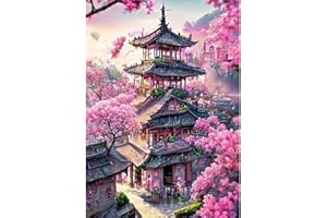 DAERLE Paesaggio con fiori di ciliegio Pittura Diamante Fai Da Te, 5D Diamond Painting Kit Completo per Adulti, Diamant Painting Paesaggio floreale del tempio, Decorazioni per Casa 30x40cm