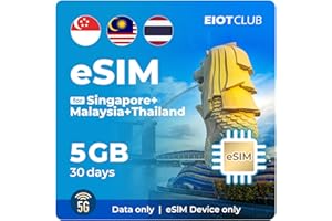 EIOTCLUB eSIM prepagada de 5 GB durante 30 días | Compatible con Singapur, Malasia y Tailandia | Datos de alta velocidad 5G | Solo datos | Compatible con intercambio de puntos de acceso | Recargable