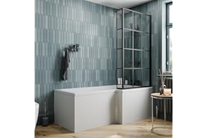 BAYSTONE 1500 x 855mm Right Hand L Shaped Shower Bath Bathtub with Front Panel + Black Framed Grid Bath Screen