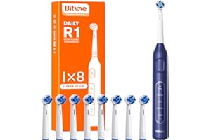 BITVAE Brosse à dents électrique pour Adultes et Enfants，Brosse à dents Rotative avec 8 têtes de Brossage, 60 jours d'autonomie de la Batterie, 5 Modes, Bleu foncé