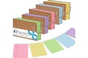 Koogel A7 Flashcards with Metal Rings, 400 Pack 5 Color Coded Index Cards for Office School Study, Ruled Revision Supplies 10.5x7.4cm