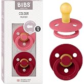 BIBS Colour Dummies, 0-6 Months, Pack of 2, Round Teat, Coral/Ruby | Natural Rubber Latex | Size 1 | BPA Free