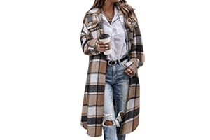 KISSMODA Womens Plaid Shacket Jacket Long Corduroy Shirts Casual Lapel Button Down Flannel Trench Coats with Side Pockets