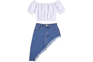 DAZZERAKE Daz2 Pz Completi da Bambina Bianco Spalle Scoperte Manica Corta Top Camicetta Camicia e Gonna di Jeans Nappa Irregolare 1-6T